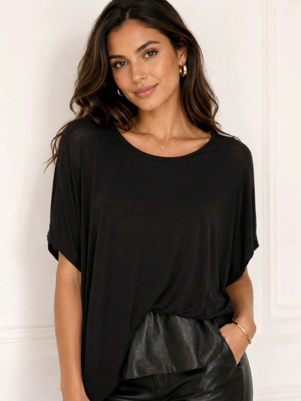Bailey 44 Top Black Faux Leather Draped Oversized Size S